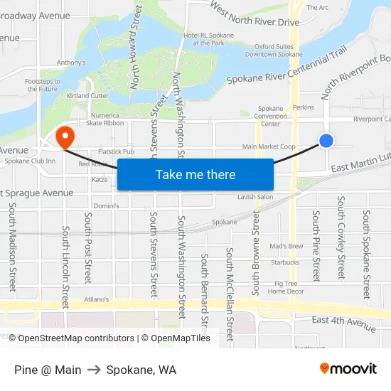 Pine @ Main to Spokane, WA map