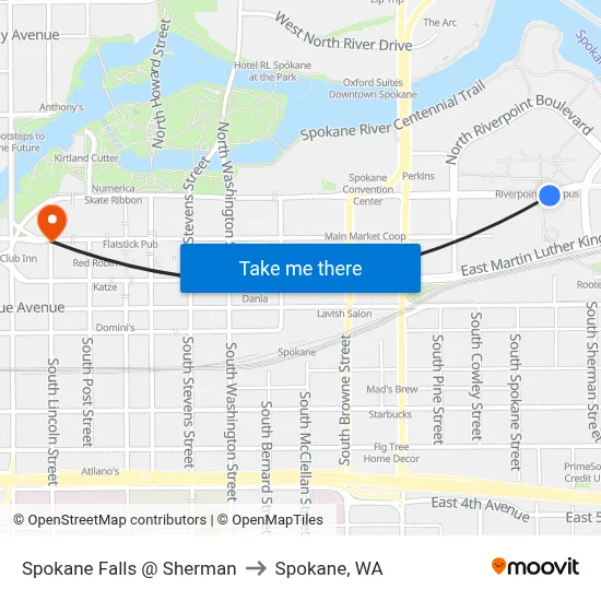 Spokane Falls @ Sherman to Spokane, WA map