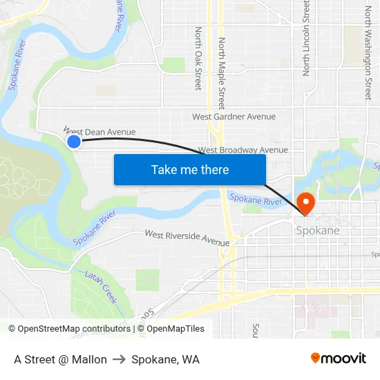 A Street @ Mallon to Spokane, WA map