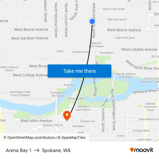 Arena Bay 1 to Spokane, WA map