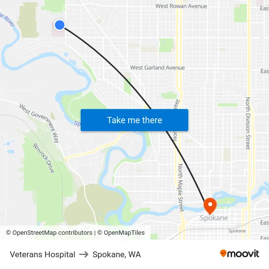 Veterans Hospital to Spokane, WA map
