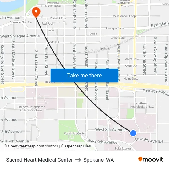 Sacred Heart Medical Center to Spokane, WA map