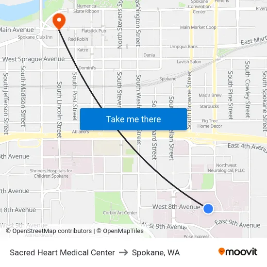 Sacred Heart Medical Center to Spokane, WA map