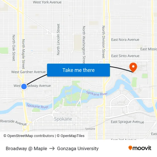 Broadway @ Maple to Gonzaga University map