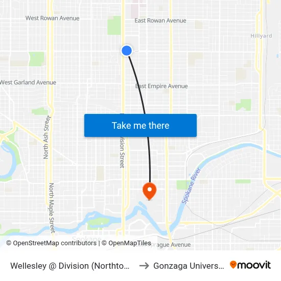 Wellesley @ Division (Northtown) to Gonzaga University map