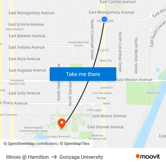 Illinois @ Hamilton to Gonzaga University map