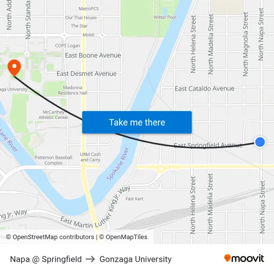 Napa @ Springfield to Gonzaga University map