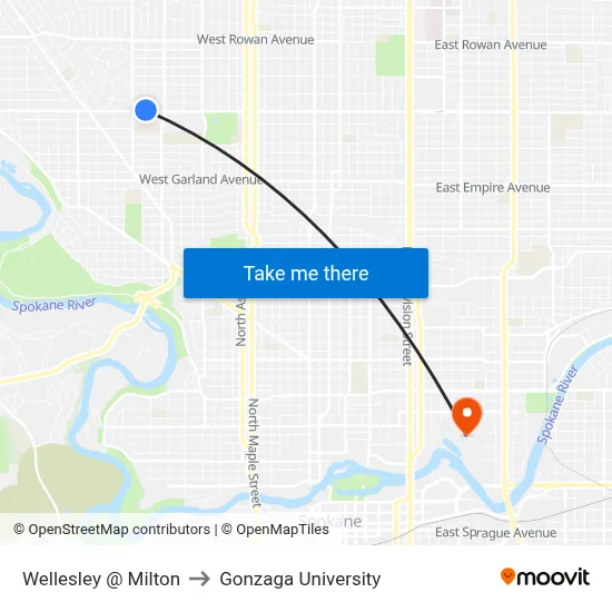Wellesley @ Milton to Gonzaga University map