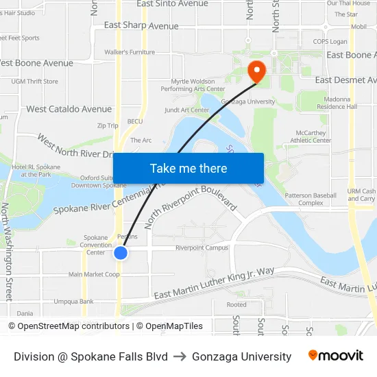 Division @ Spokane Falls Blvd to Gonzaga University map