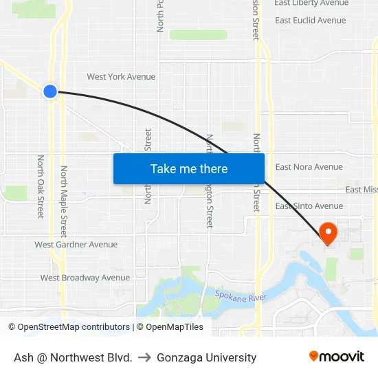 Ash @ Northwest Blvd. to Gonzaga University map