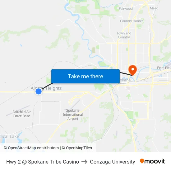 Hwy 2 @ Spokane Tribe Casino to Gonzaga University map