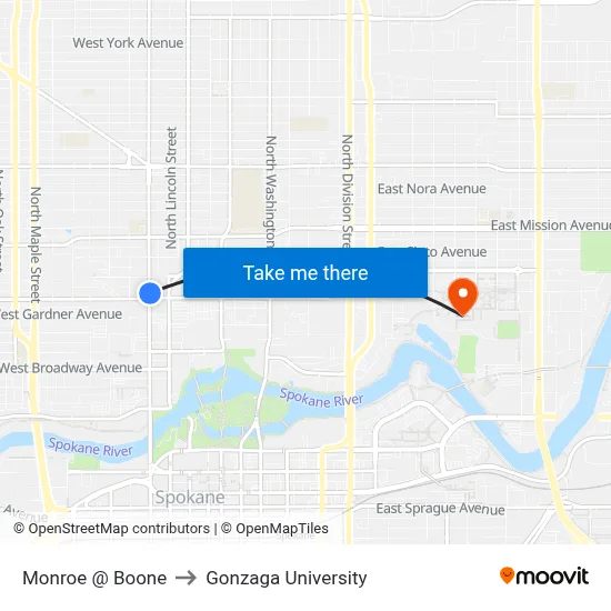 Monroe @ Boone to Gonzaga University map