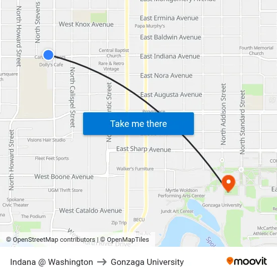 Indana @ Washington to Gonzaga University map