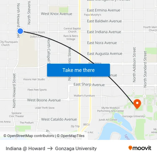 Indiana @ Howard to Gonzaga University map