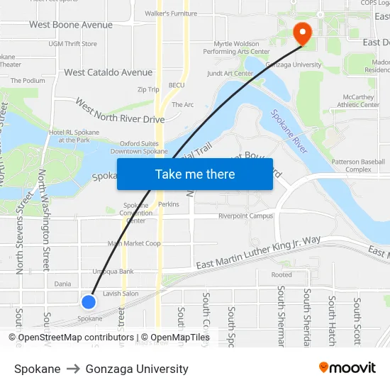Spokane to Gonzaga University map