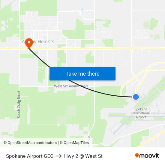 Spokane Airport GEG to Hwy 2 @ West St map