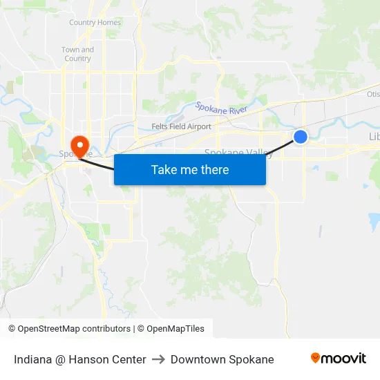 Indiana @ Hanson Center to Downtown Spokane map
