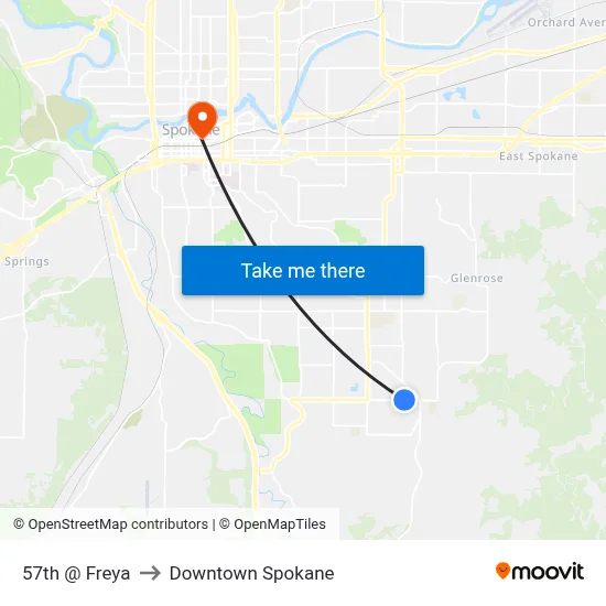 57th @ Freya to Downtown Spokane map
