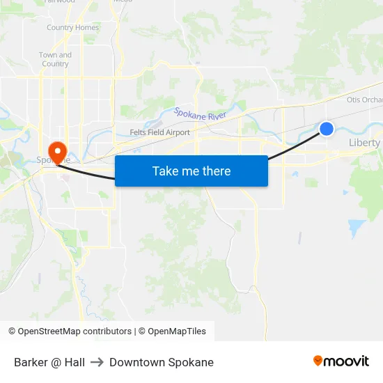 Barker @ Hall to Downtown Spokane map