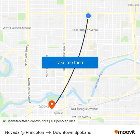 Nevada @ Princeton to Downtown Spokane map