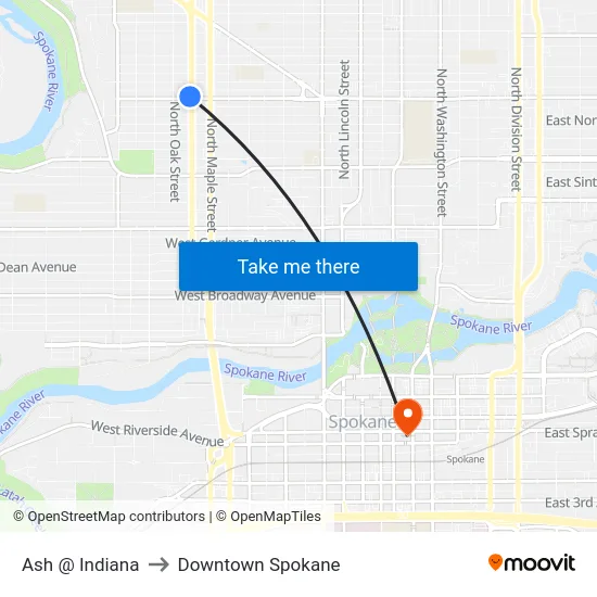 Ash @ Indiana to Downtown Spokane map
