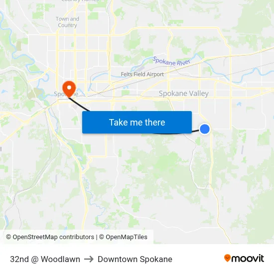 32nd @ Woodlawn to Downtown Spokane map