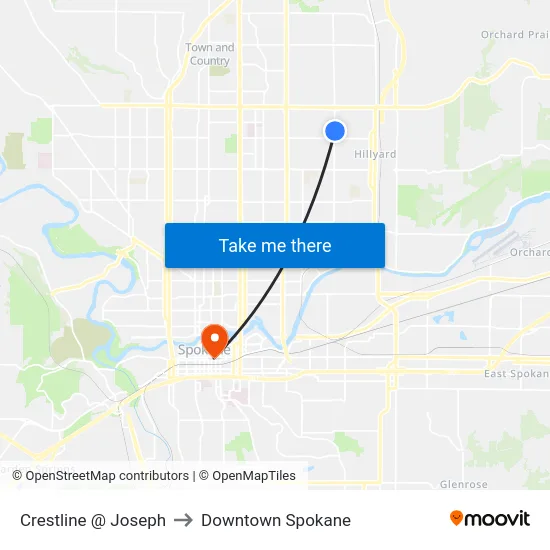 Crestline @ Joseph to Downtown Spokane map