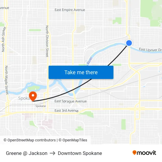 Greene @ Jackson to Downtown Spokane map