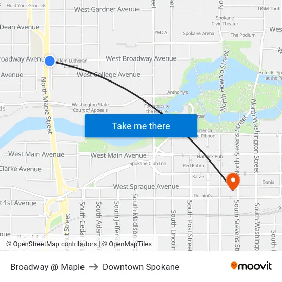 Broadway @ Maple to Downtown Spokane map