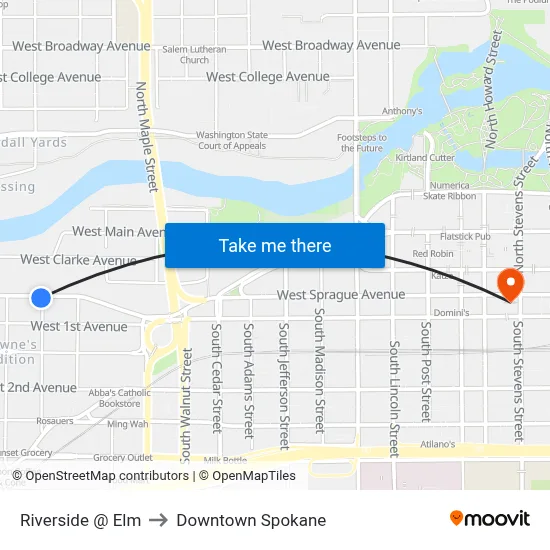 Riverside @ Elm to Downtown Spokane map