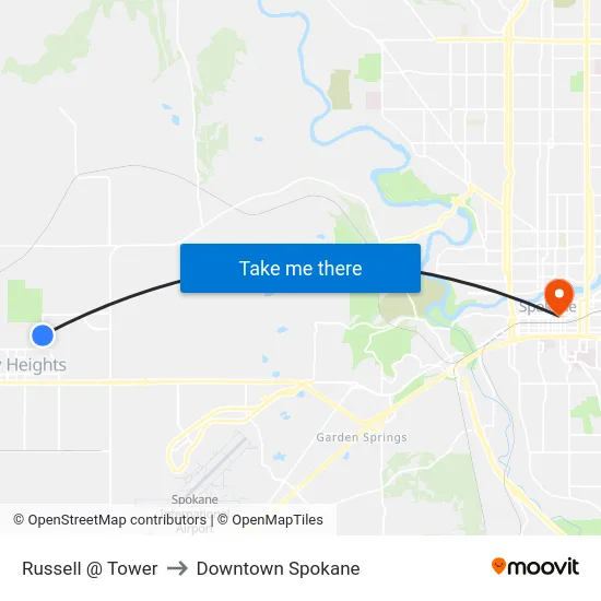 Russell @ Tower to Downtown Spokane map