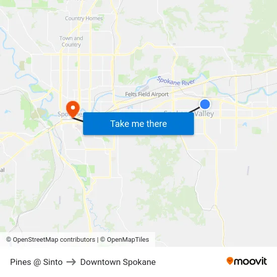 Pines @ Sinto to Downtown Spokane map