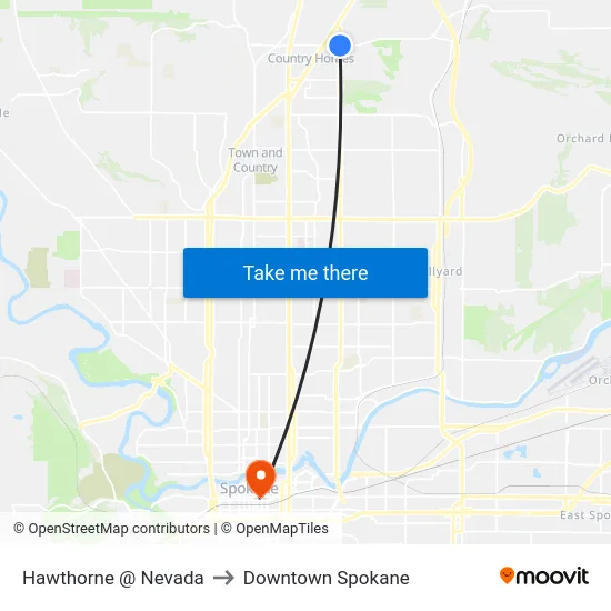 Hawthorne @ Nevada to Downtown Spokane map