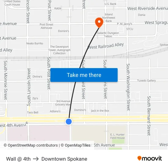 Wall @ 4th to Downtown Spokane map