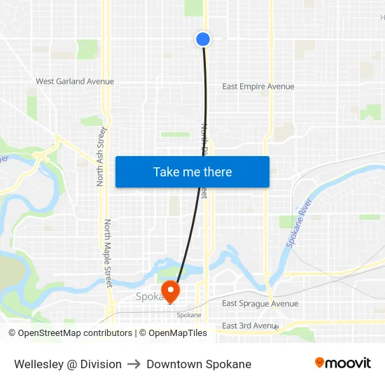 Wellesley @ Division to Downtown Spokane map