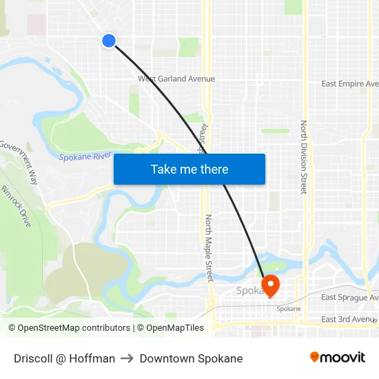 Driscoll @ Hoffman to Downtown Spokane map