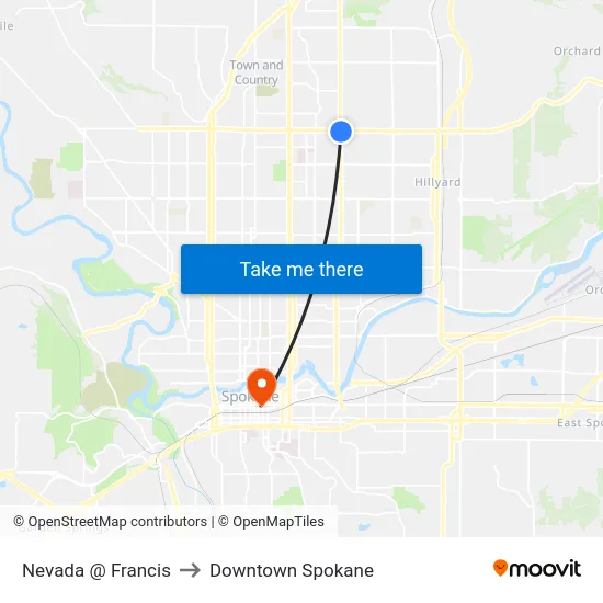 Nevada @ Francis to Downtown Spokane map