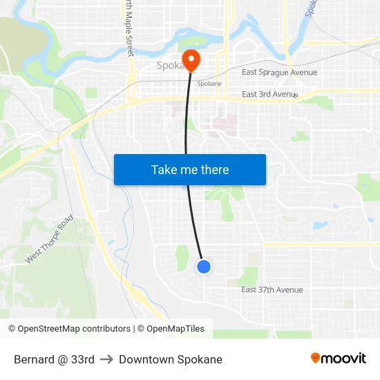 Bernard @ 33rd to Downtown Spokane map