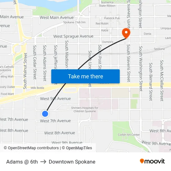 Adams @ 6th to Downtown Spokane map