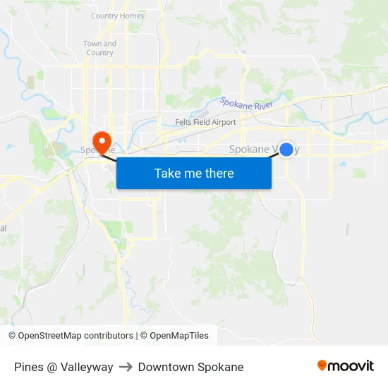 Pines @ Valleyway to Downtown Spokane map