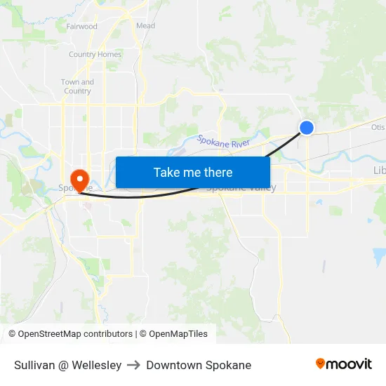 Sullivan @ Wellesley to Downtown Spokane map