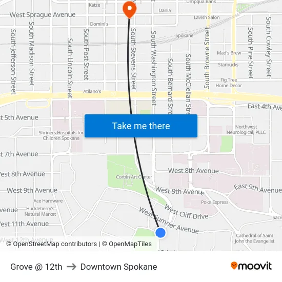 Grove @ 12th to Downtown Spokane map