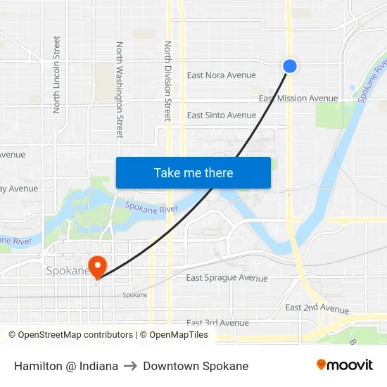 Hamilton @ Indiana to Downtown Spokane map