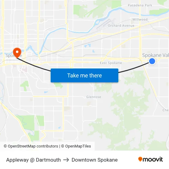 Appleway @ Dartmouth to Downtown Spokane map