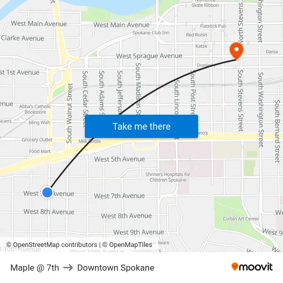 Maple @ 7th to Downtown Spokane map