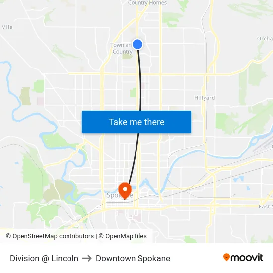 Division @ Lincoln to Downtown Spokane map