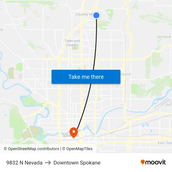 9832 N Nevada to Downtown Spokane map