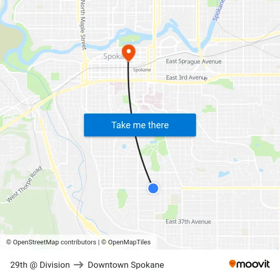 29th @ Division to Downtown Spokane map