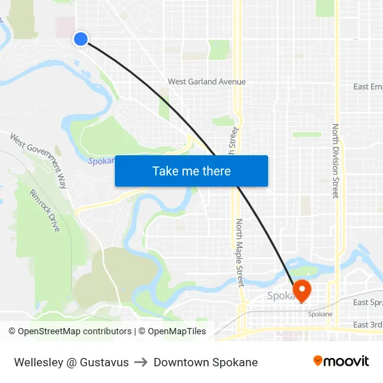 Wellesley @ Gustavus to Downtown Spokane map
