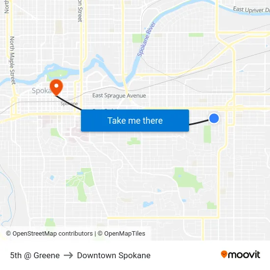 5th @ Greene to Downtown Spokane map